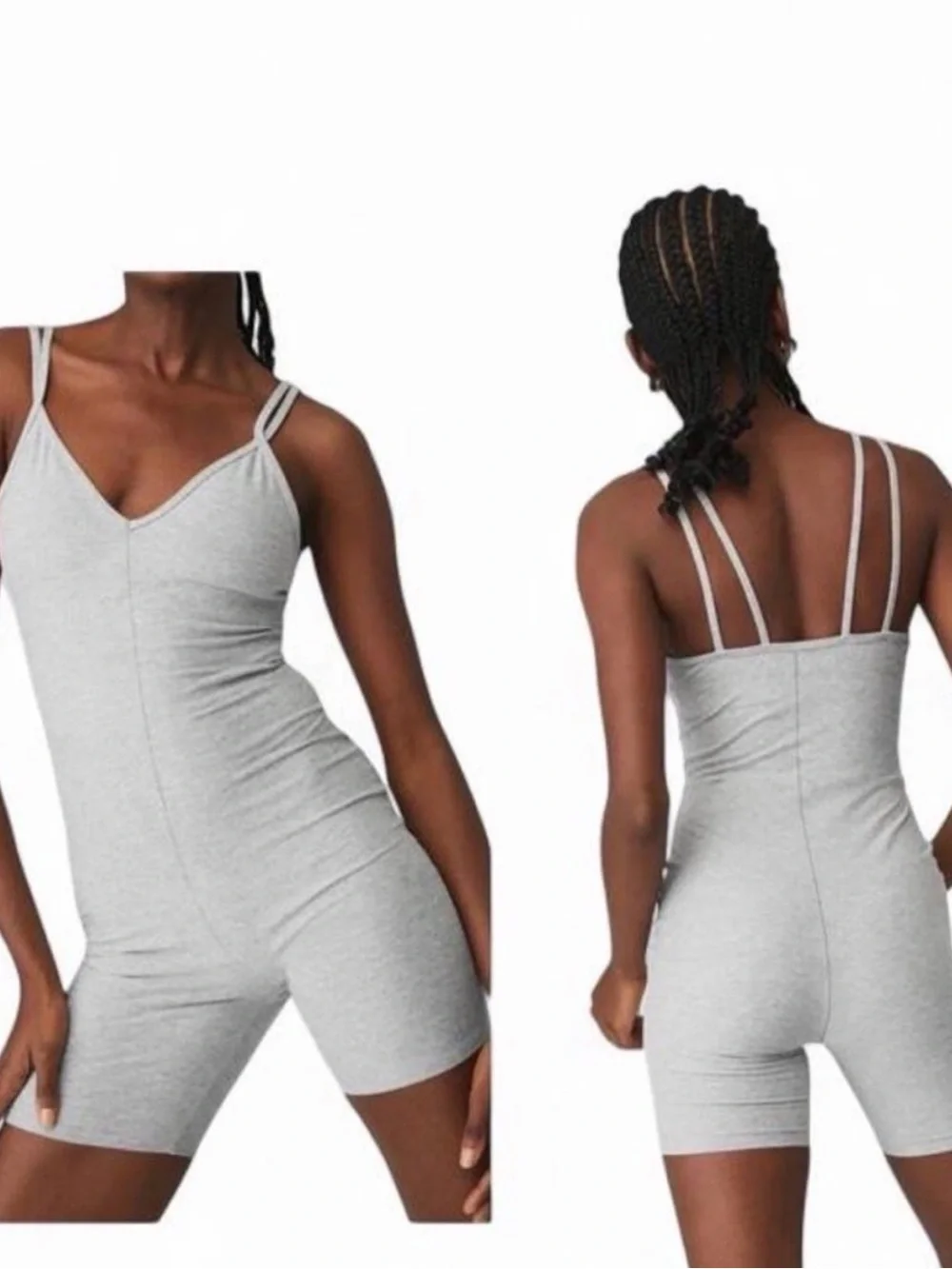 ALO Yoga Light Grey Ribbed Double-Strap Romper Bodysuit